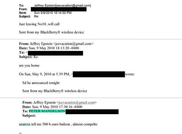 On May 10, 2010 Lord Mandelson seemingly messaged Epstein about the EU's plan for a 500billion euro bailout of the single currency