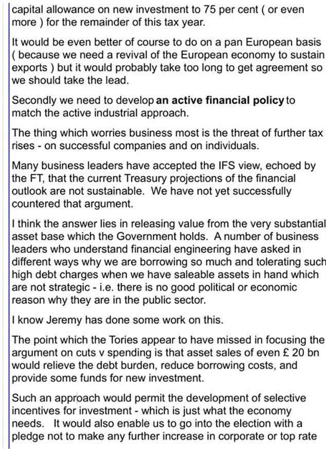 The memo made clear that the government was looking to sell off assets to avoid tax hikes