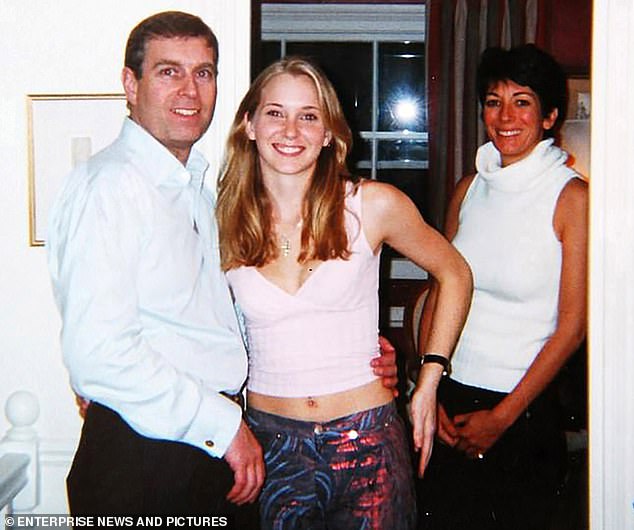 Prince Andrew (left), with his arm around Virginia Roberts aka Virginia Giuffre (centre) and Ghislaine Maxwell (pictured in the background right)