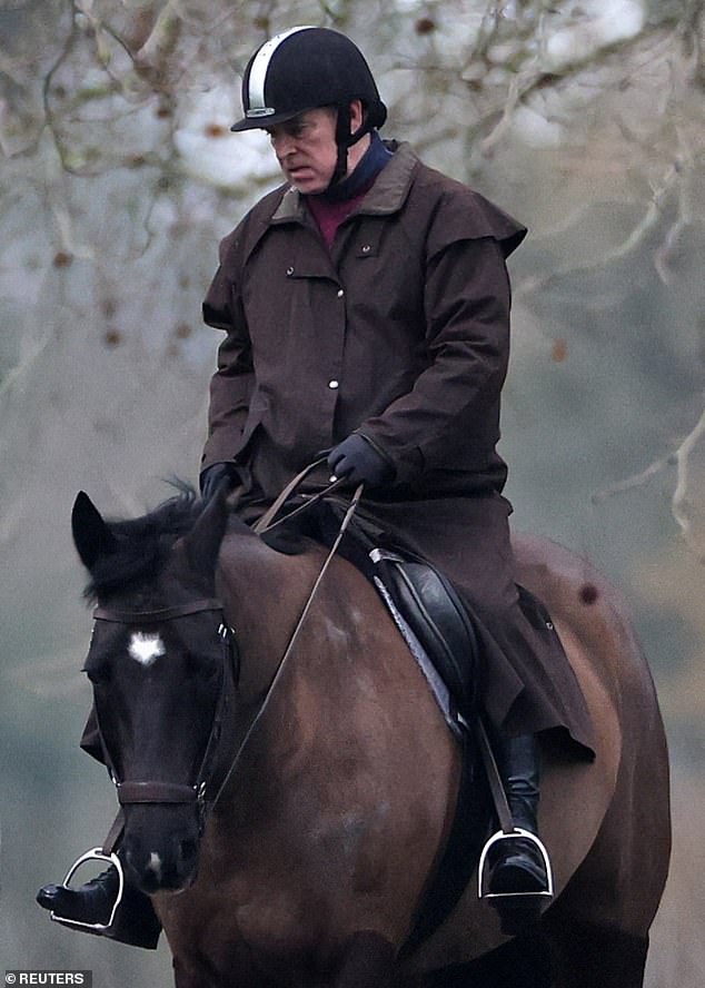 Andrew Mountbatten-Windsor rides a horse in Windsor Great Park, near to Royal Lodge yesterday