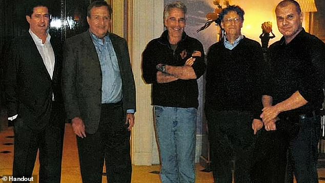 Mr Staley (far left) is seen in an undated photo with Epstein. From left: Staley, Larry Summers, Jeffrey Epstein, Bill Gates and Boris Nikolic