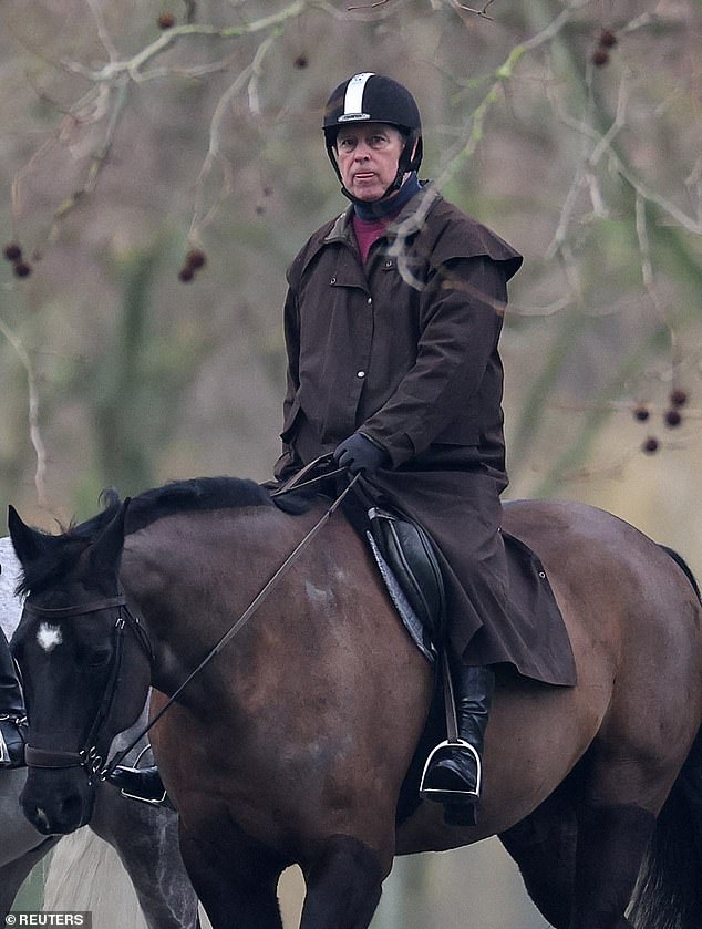 Andrew Mountbatten-Windsor riding his horse in Windsor Great Park on Monday close to his Royal Lodge home - before he has to vacate it