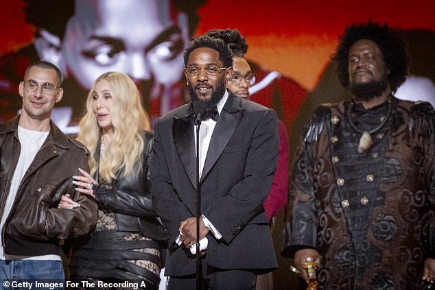 Grammys producer Ben Winston told Rolling Stone Cher was 'happy with how everything went' and 'had a great time'; (L-R) Jack Antonoff, Cher, Kendrick Lamar, Scott Bridgeway and Kamasi Washington at the 68th GRAMMY Awards at Crypto.com Arena