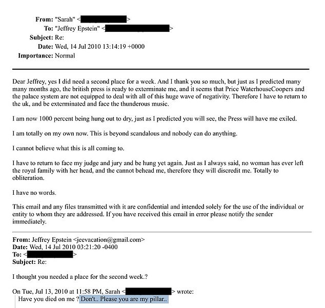 The email where Fergie told Esptein that she was being 'hung out to dry'