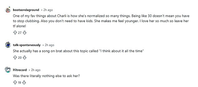 Superfans then referenced the fact that Charli spoke on her 2024 album Brat about her questions over motherhood, in the track 'I Think About It All The Time'