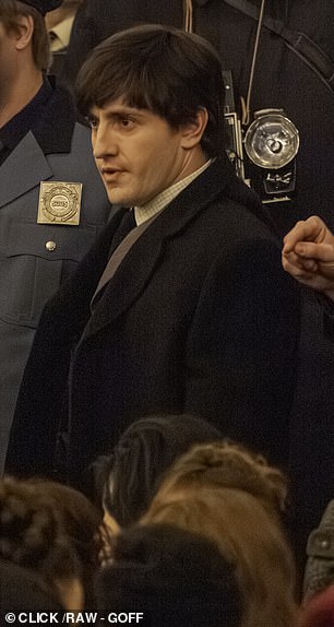 The actor was dressed in a period suit and overcoat that matched the clothes worn by McCartney in 1964