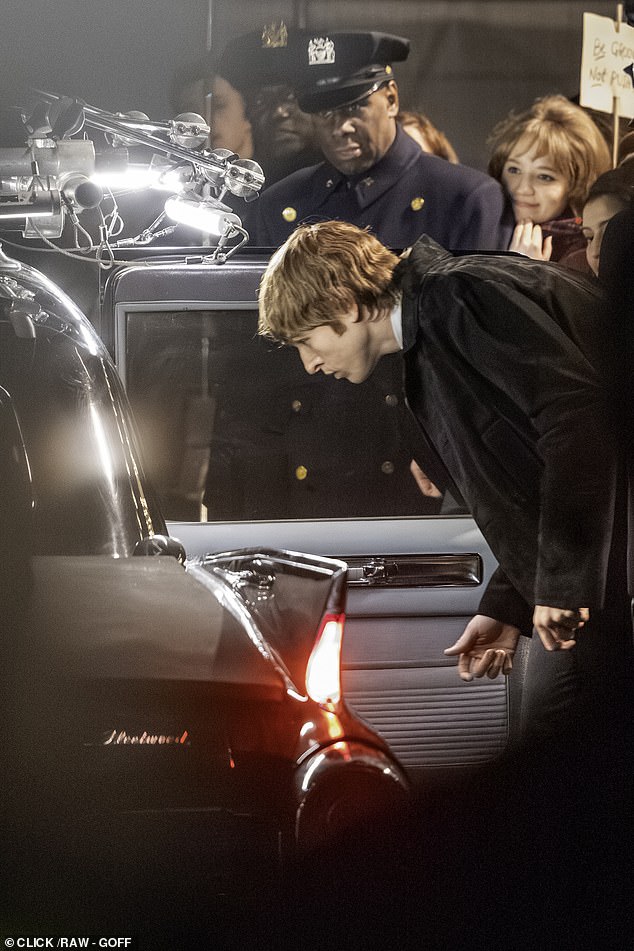 Hysterical fans, frantic photographers, police cordons and plenty of period flourishes were on display as filming commenced on Sunday (pictured: Harris Dickinson as John Lennon)
