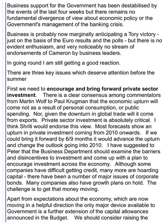 The 2009 memo highlighted that the government was looking to get investment moving