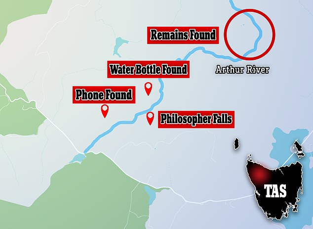 A map shows the approximate location where human remains were found in late January
