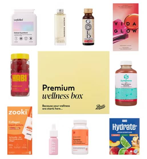 Collage of various wellness products, including supplements, drinks, and a "Premium wellness box" label.
