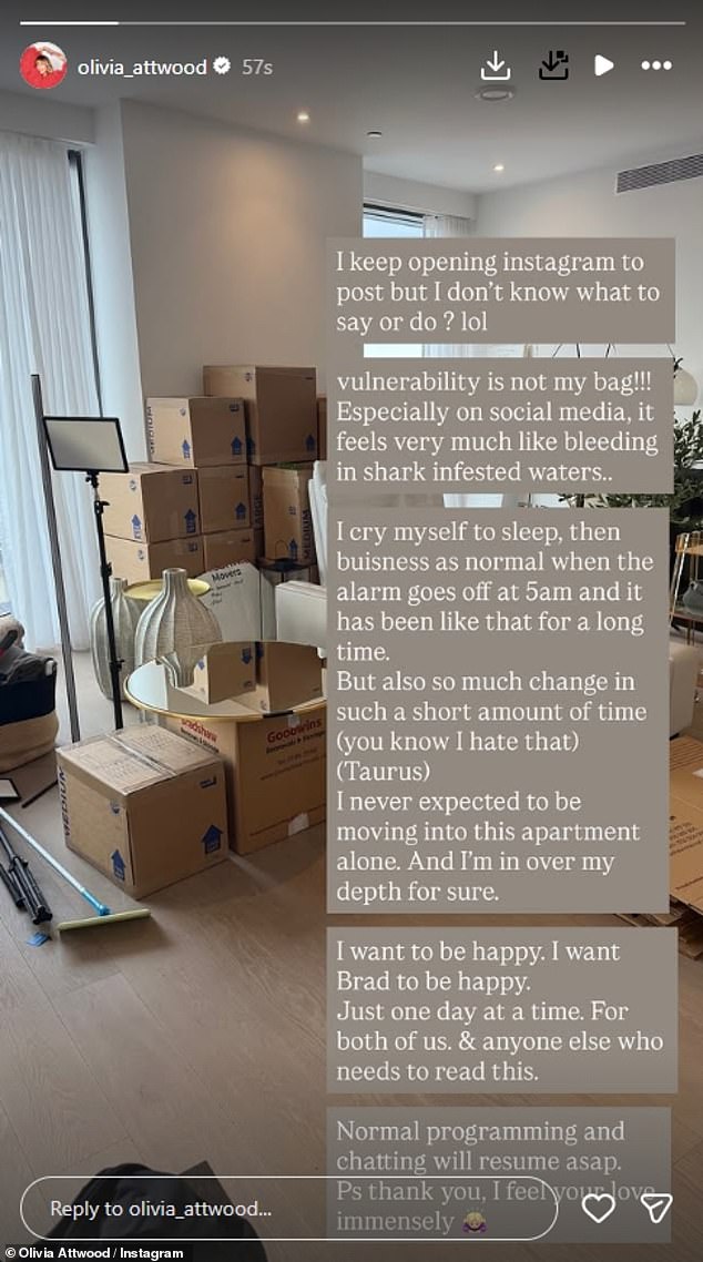And on Saturday, she spoke out on their marriage breakdown for the first time, sharing a snap of several boxes waiting to be unpacked in her apartment with a lengthy caption