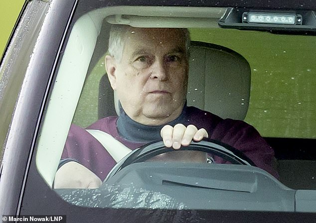 Andrew Mountbatten-Windsor is seen driving his Range Rover on The Long Walk in Windsor on Monday