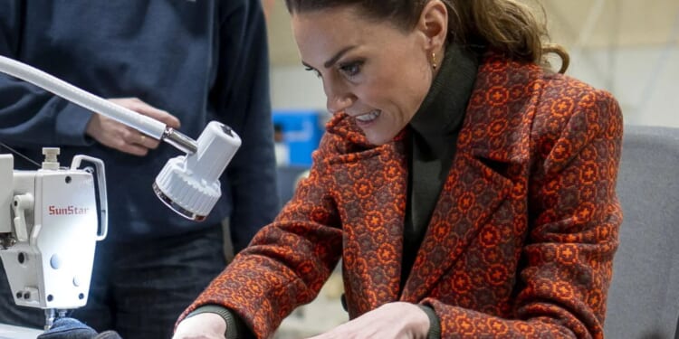 Radiant Princess Kate helps finish off a special pair of jeans for William while visiting family-owned factory in Wales