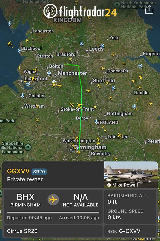 The Cirrus SR 20 had taken off from BirminghamAirport at 9.59am but is understood to have crashed at 10.30am when it lost signal