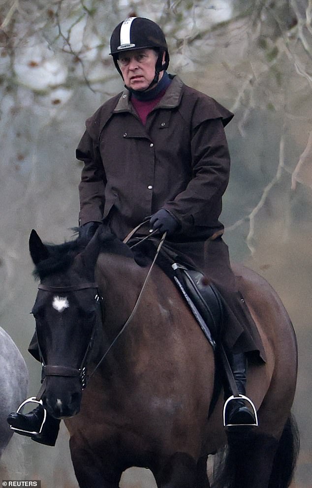 Andrew rides a horse in Windsor Great Park, near to Royal Lodge, on February 2