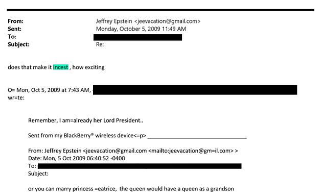 The pair joked about the peer marrying Princess Beatrice with the paedophile financier describing it as 'incest', emails show