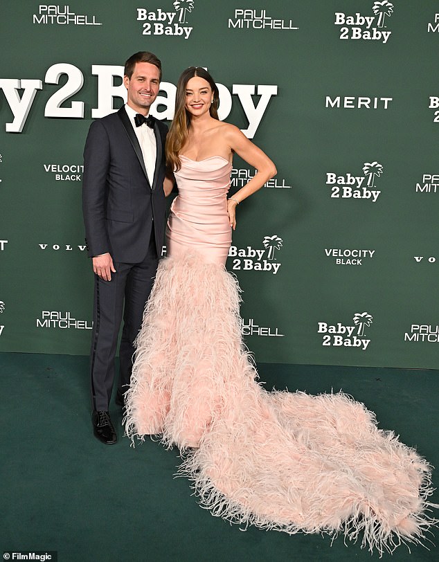 Miranda, who is now married to husband Evan Spiegel, has three other children with the businessman; Hart, seven, Myles, five, and 23-month-old Pierre (pictured in 2024)