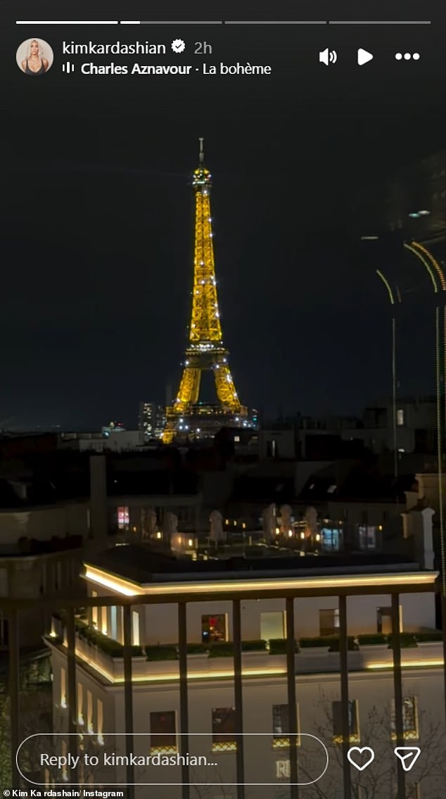 Kim also showed off her romantic view of the Eiffel Tower from her bedroom window