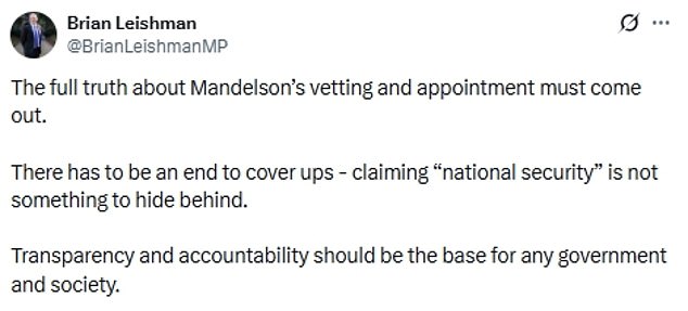 Labour MPs swiped at attempts to 'cover up' over Lord Mandelson, with some suggesting they will vote with the Tories later