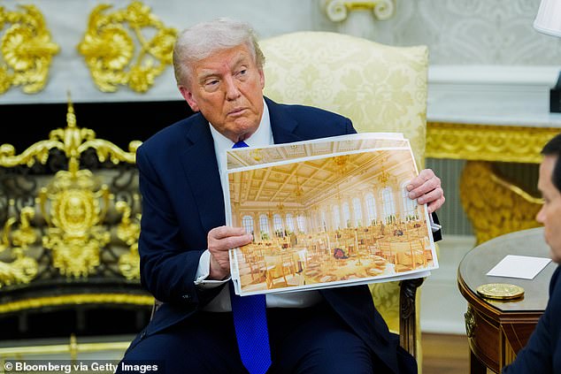 Trump holds a rendering of the planned White House Ballroom extension during a meeting with Mark Rutte of NATO in October