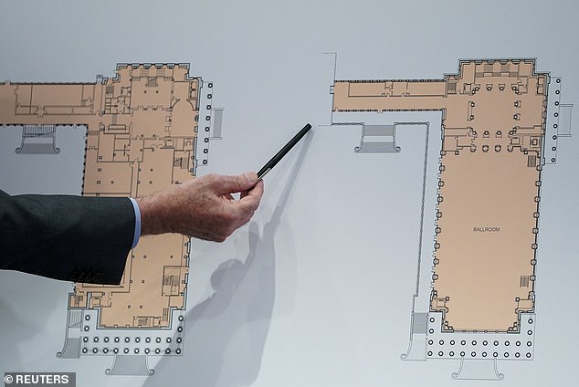 Shalom Baranes shows off the floorplans for the White House ballroom project, showing the rebuilt East Wing's first floor on the left and the second room, which could contain the 22,000 square foot ballroom to the right