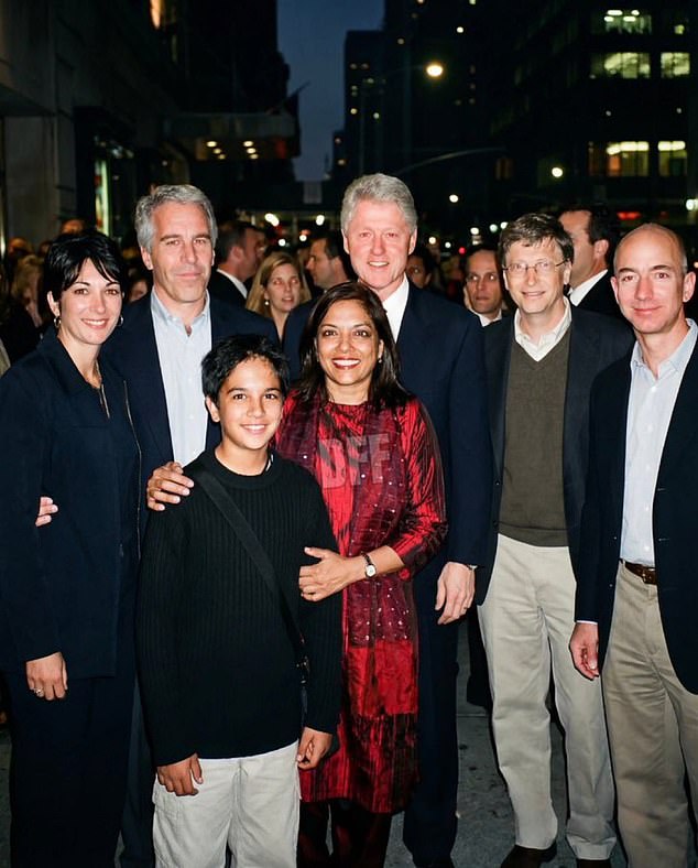 Another fake AI image showing Mira Nair next to her son Zohran Mamdani with Jeffrey Epstein, his jailed co-conspirator Ghislaine Maxwell, Bill Clinton, Bill Gates and Jeff Bezos
