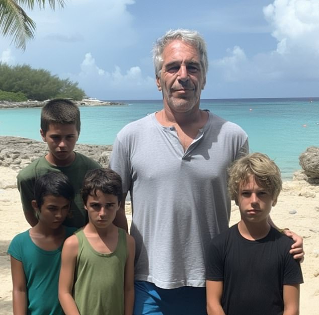 An artificially-generated photograph showing Epstein with four young boys, two of whom internet users have accused of being the Island Boys
