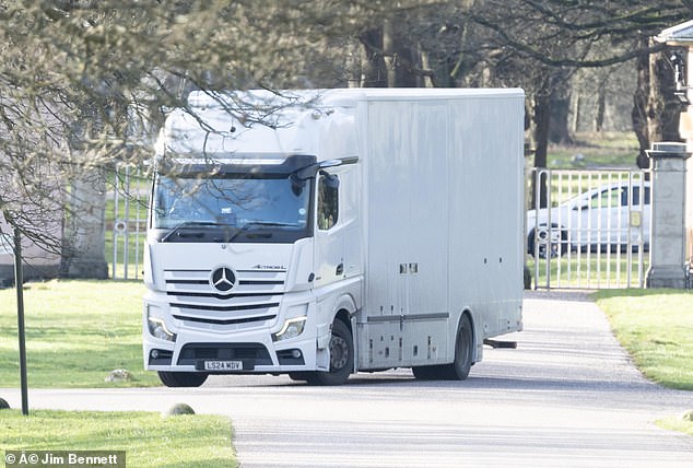 The removal lorry making its way out of Royal Lodge today
