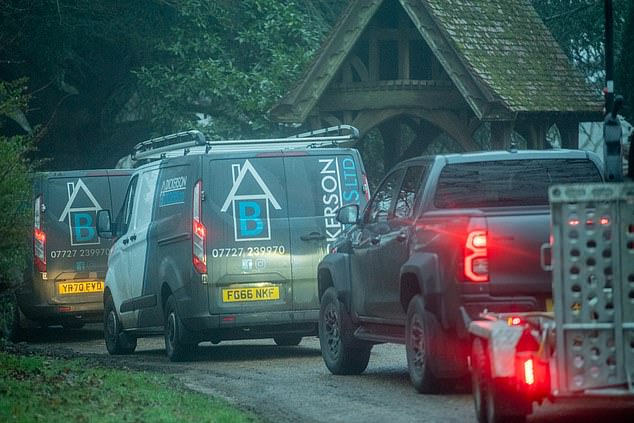 Several vehicles are pictured close to Wood Farm, Andrew's rumoured new home, in Sandringham today