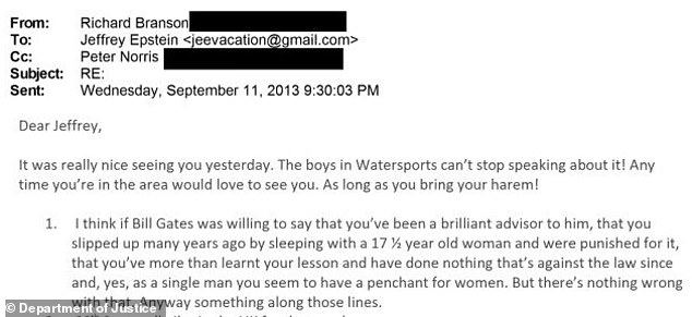 Richard Branson had written to Jeffrey Epstein joking about his 'harem' - and offered what appeared to be image rehabilitation tips