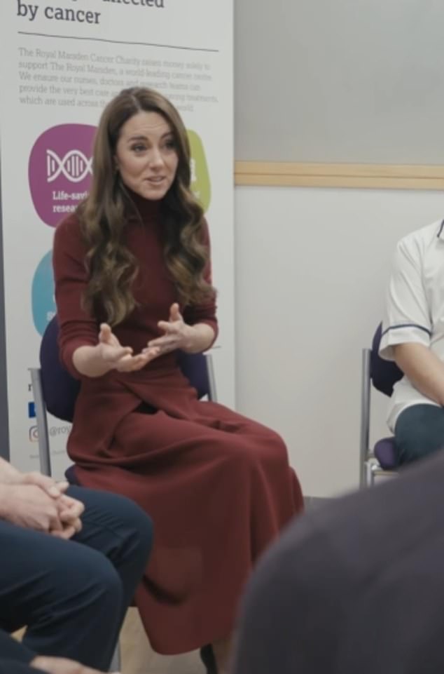 In another clip from the video marking World Cancer Day, Kate can be see talking to a large group in The Royal Marsden hospital