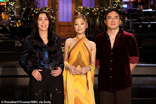SNL, created by Lorne Michaels, is an American late-night sketch show that has aired on US channel NBC since 1975. Pictured: SNL musical guest Cher, guest host Ariana Grande and Bowen Yang