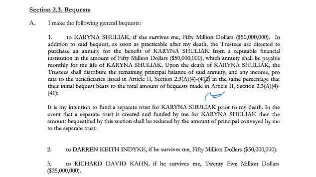 Shuliak's loyalty paid off as Epstein wanted to leave her $50million in his will along with multiple real estate properties and a 33-carat diamond ring