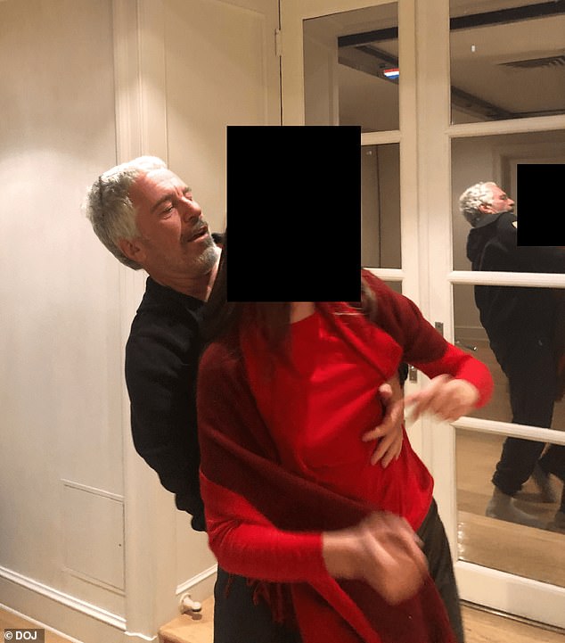 A set of redacted photos released by the Department of Justice show Epstein and Shuliak dancing. Epstein grabs her from behind and places his hand on her left breast as they sway