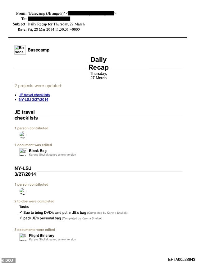 Flight records show Shuliak traveled in March 2014, with an itinerary listing her check-in details and assigned tasks for Epstein on a flight from New York to Little Saint James in the Virgin Islands