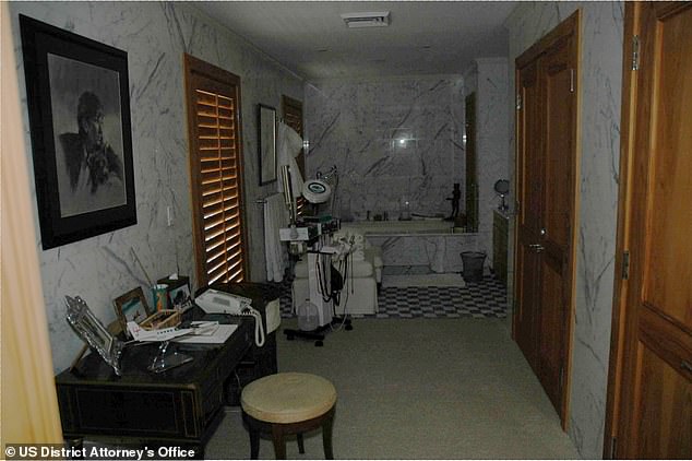 A fully equipped dental cart - complete with what appeared to be drills, a lamp and other instruments - was also installed at Epstein’s Palm Beach home, beneath a nude sketch of Ghislaine Maxwell
