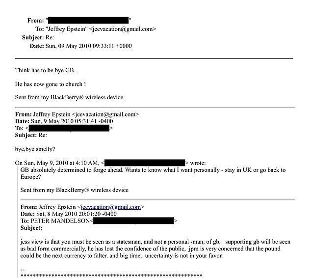 Mandelson and Epstein appeared to message each other mocking Brown's inevitable departure just days before he resigned