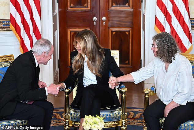 The first lady stayed on message, claiming she would not venture off of the topic of her meeting with freed American-Israeli hostage Keith Siegel and his wife Aviva. 'We are here celebrating the release and the life of these two incredible people,' she countered, 'so let's honor that'