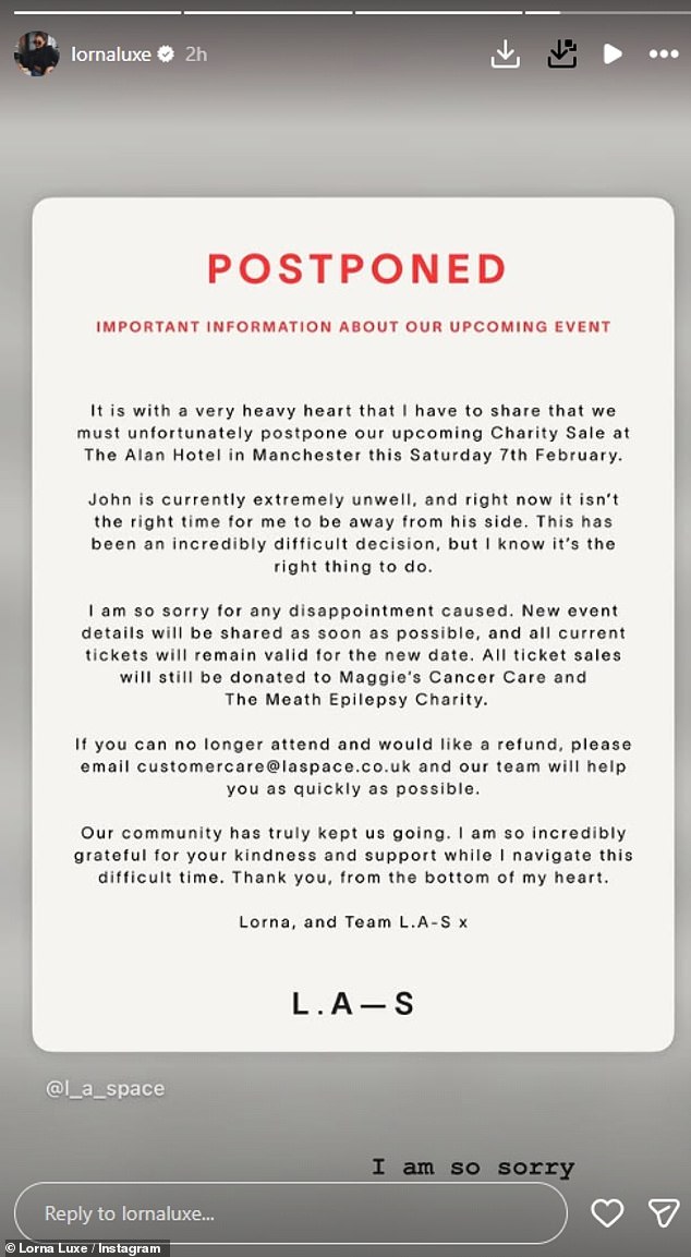 In an update on Wednesday she shared a post to say the event on Saturday was cancelled as she needs to focus on looking after her partner