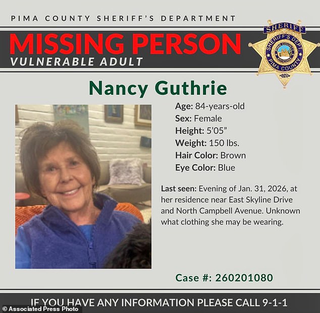 This image provided by the Pima County Sheriff's Department, on Monday, Feb. 2, 2026, shows a missing person alert for Nancy Guthrie