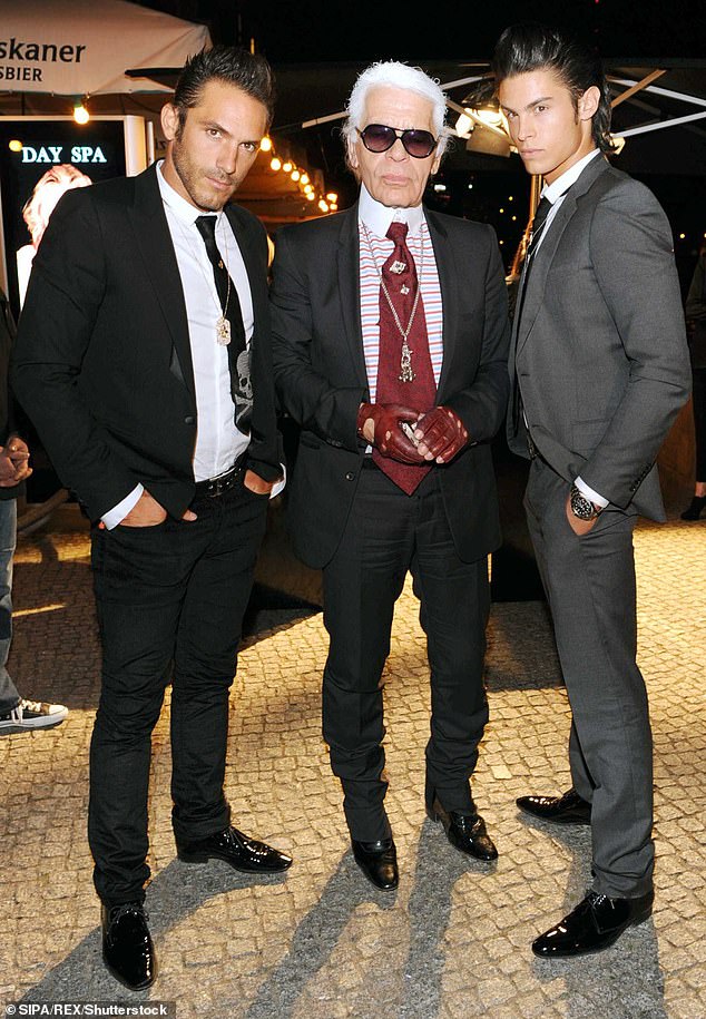 Sebastien Jondeau, Karl Lagerfeld and Baptiste Giabiconi German Vogue 30-year anniversary party in Berlin 2009. The pair inherited part of his estate