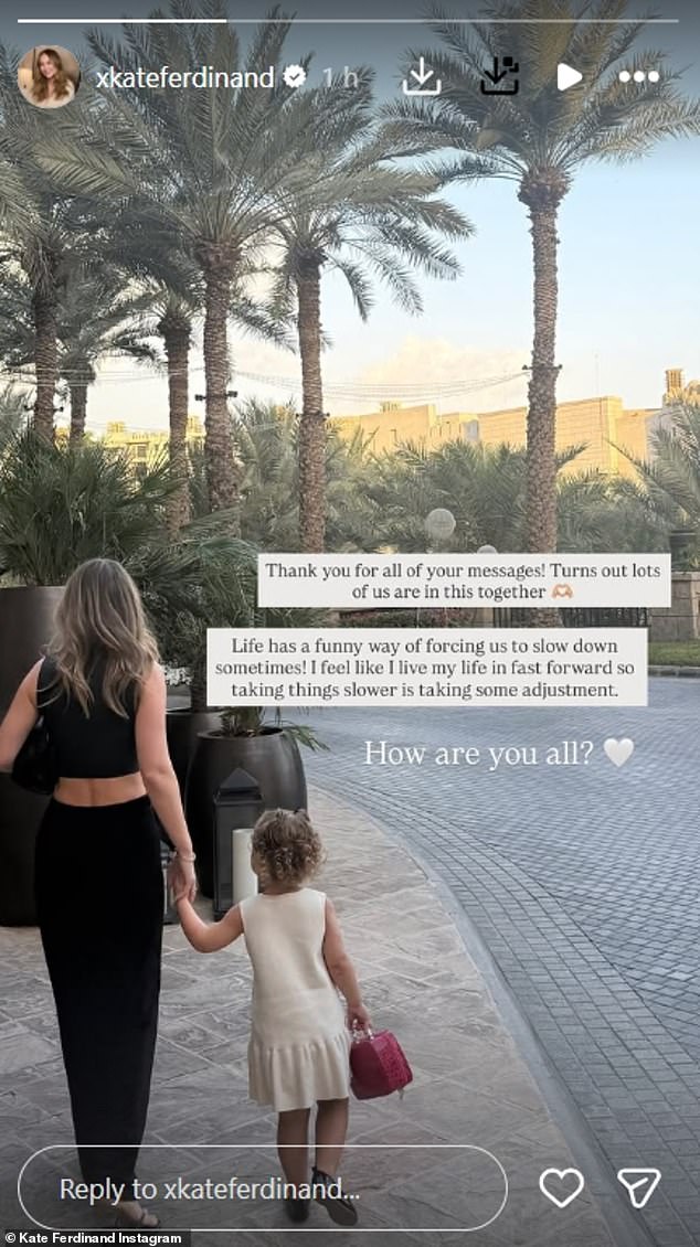 Earlier this month Kate said she was 'adjusting to taking things slower' after being praised for her post about feeling ¿fatigued¿