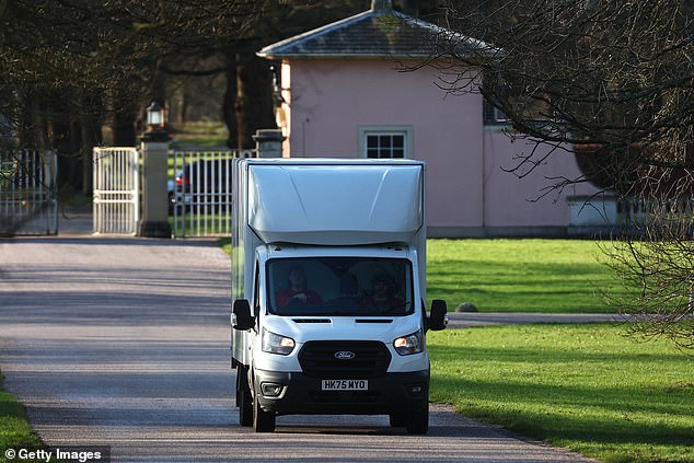 A storage van leaves the gates of Royal Lodge in Windsor Great Park the day after it was reported Andrew would finally be leaving the residence