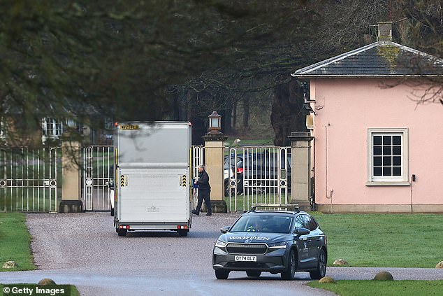 A removals van arrives at the entrance to the Royal Lodge in Windsor Great Park on Wednesday morning