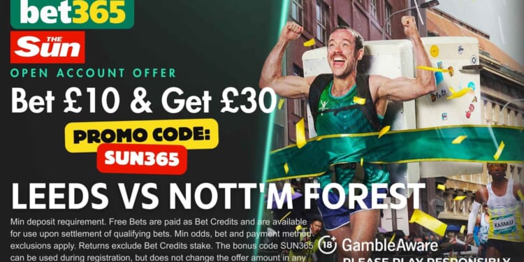 £30 bonus for Leeds vs Nott'm Forest with SUN365