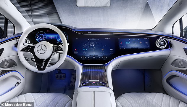 Car makers are in an arms race to develop the most technologically-advanced infotainment screens. But these are also becoming a huge distraction. Pictured is the Mercedes-Benz MBUX 'Hyperscreen'