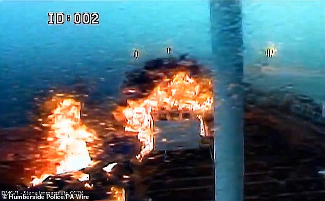 The ships burst into a fireball on collision as the Stena Immaculate was laden with aviation fuel which caught alight (pictured March 10)