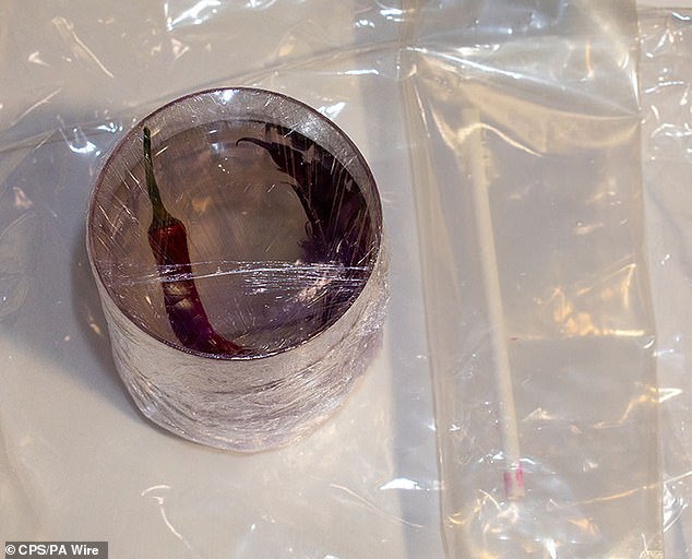 The bagged-up spicy margarita, pictured, left, which was spiked on the night in question, alongside the straw used, right