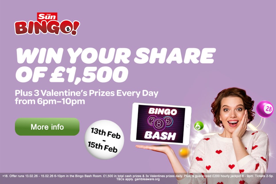 Promotion for The Sun Bingo's "Win Your Share of £1,500" event, featuring a woman holding a tablet displaying "Bingo Bash".