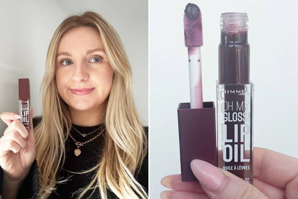 An image collage containing 2 images, Image 1 shows A woman with blonde hair holding a Rimmel lip oil, Image 2 shows Rimmel Oh My Gloss Lip Oil with a wand applicator